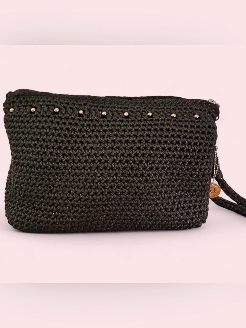 The Sak Black Crochet Wristlet with Silver Studs